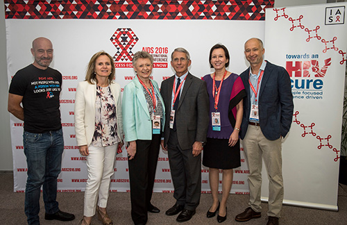 Giulio Maria Corbelli, Sharon Lewin, Françoise Barré-Sinoussi, Anthony Fauci, Jintanat Ananworanich, and Steven Deeks at the Towards an HIV Cure Press Conference, Durban